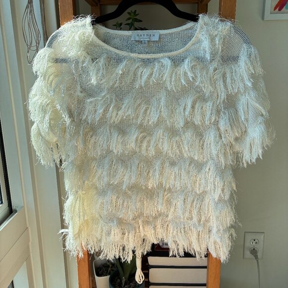 Hayden Los Angeles Tops - Hayden White Mesh Fringe Top in Zig Zag Pattern - Size S